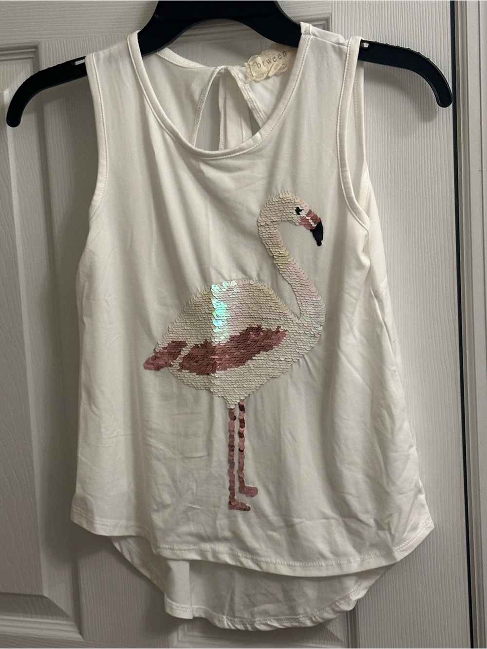 Btween Girls Youth white Tank Top Shirt Size 10 Flamingo flip sequins